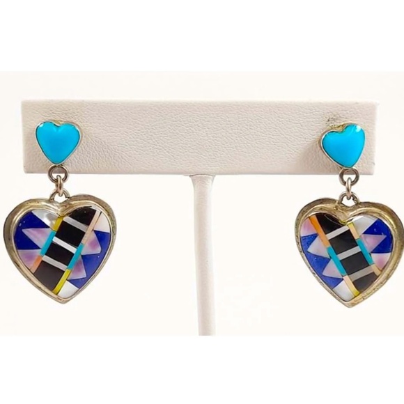 Vintage Navajo Sterling Silver Heart Dangle Earrings Sandra Kenton - Picture 2 of 3